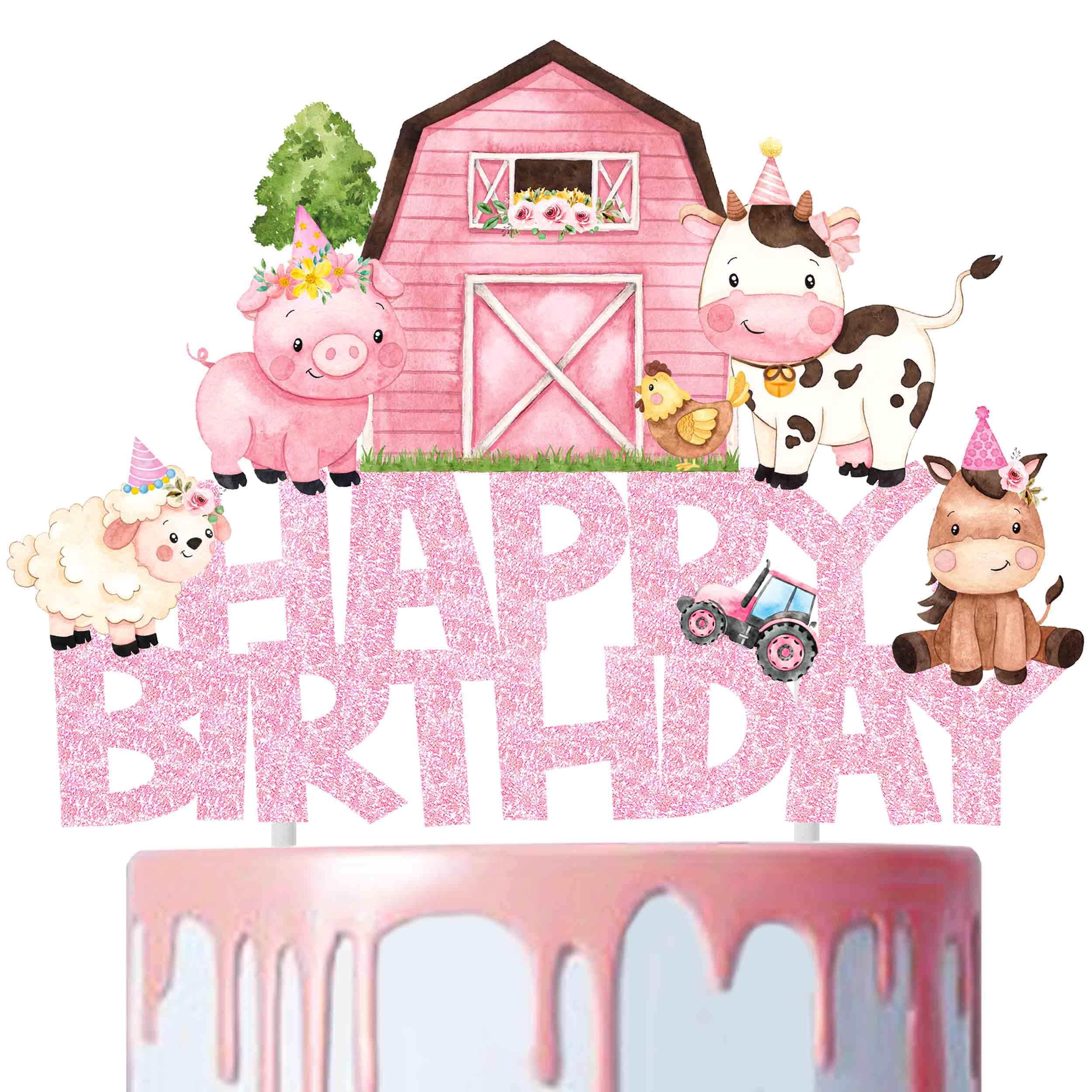 Pink Farm Animal Cake Topper Farm Animals Party Cake Topper Farm Animals Birthday Party Decoration Cow Birthday Cake Decoration for Farm Theme Baby Shower Supplies
