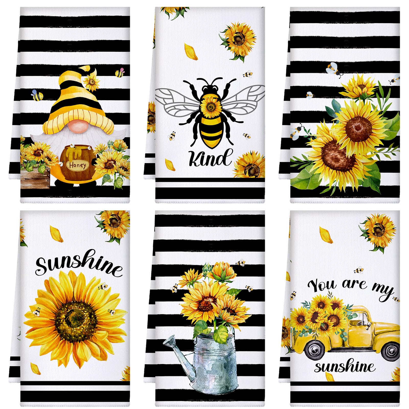 Tranqun 6 Pcs Sunflower Kitchen Towels Bee Hand Towels Set Summer Stripes Gnomes Dish Cloth Sunflower Bee Tea Towel Absorbent Drying Cloth for Kitchen Cooking Home Baking Housewarming Gifts,16 x 24''