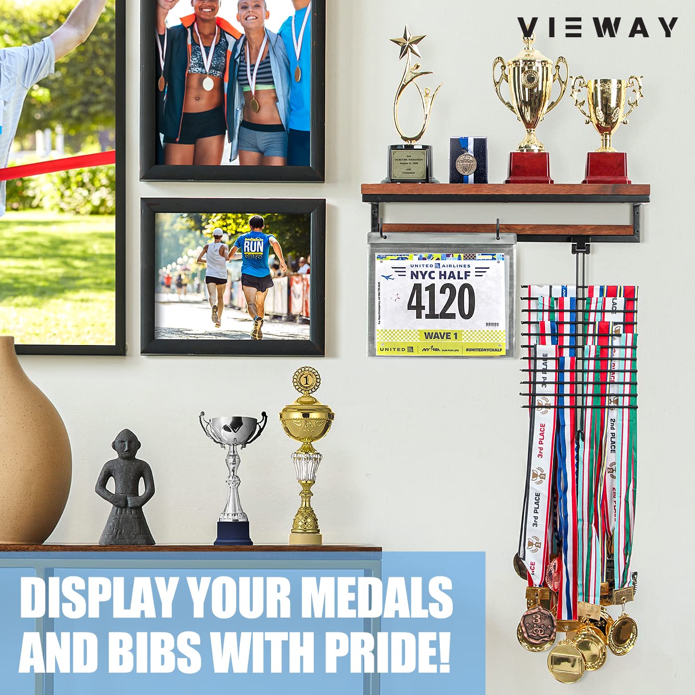 Colgador de pared para medallas de maratón con soporte de baberos, estante de trofeos y ganchos, 50 bolsas abatibles - MK817A