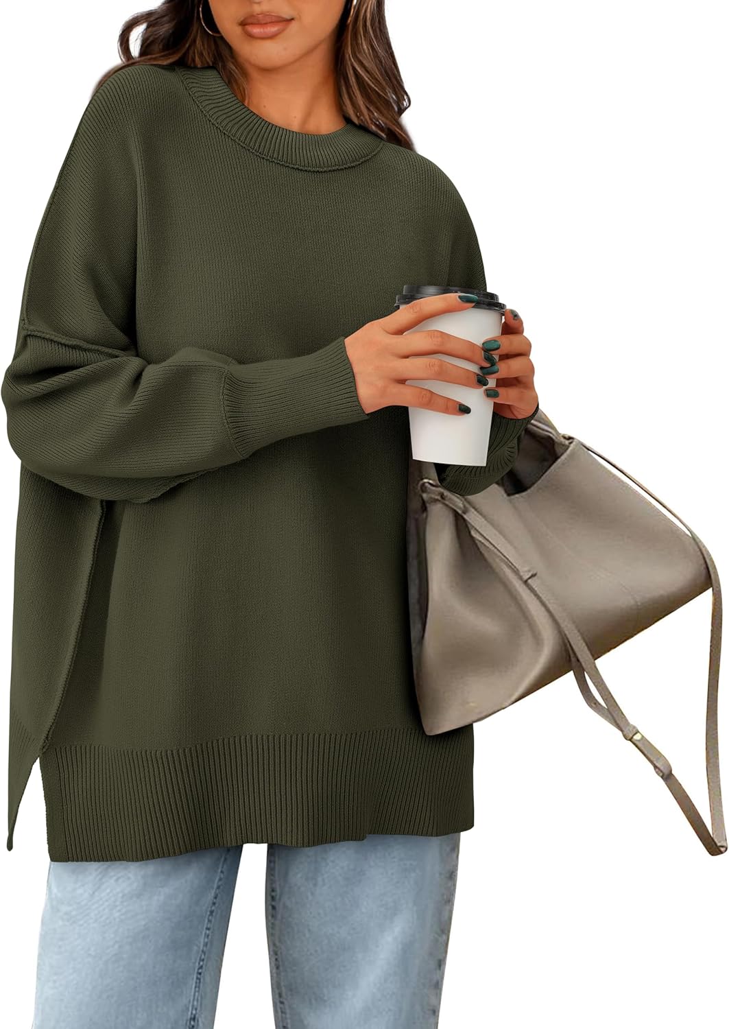 PRETTYGARDEN Women's Oversized Sweater 2025 Casual Fall Outfits Crewneck Long Sleeve Side Slit Chunky Knit Pullover Tops