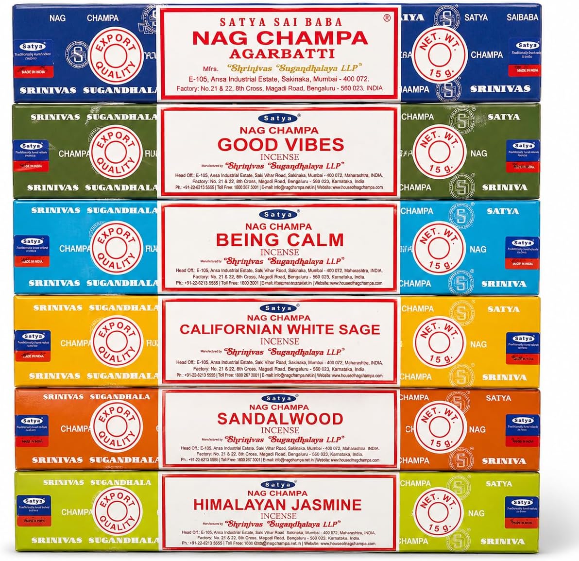 Satya Nag Champa Incense Sticks Variety Pack - 6 Assorted Boxes | Nag Champa, Sandalwood, White Sage, Himalayan Jasmine, Good Vibes, Being Calm - Hand Rolled Natural Masala Agarbatti