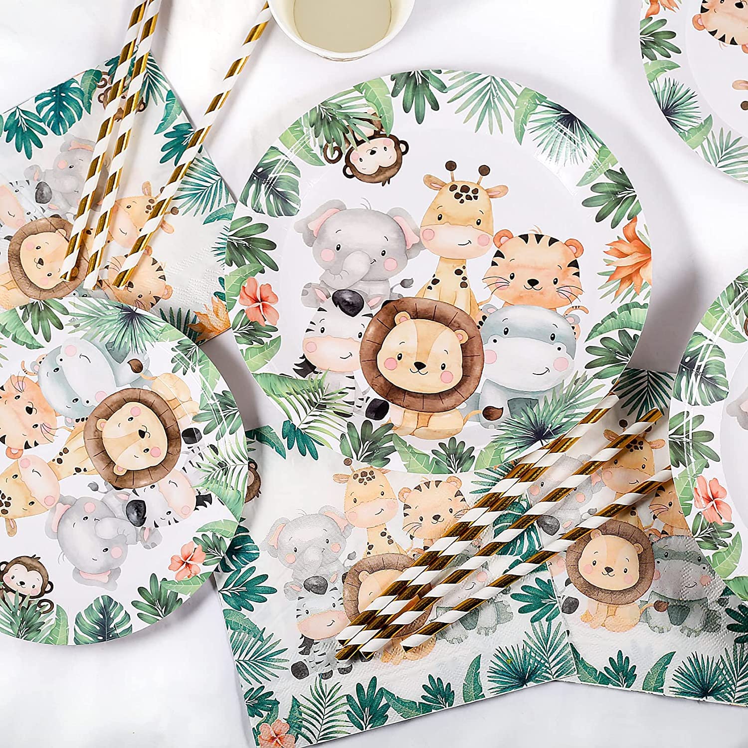 Yosemy Giungla Safari Set di Stoviglie di Carta Usa e Getta per 25 Ospiti - 127 Pezzi Con Piatti, Tovaglioli, Cannucce per Wild One Decorazione di Compleanno Verde