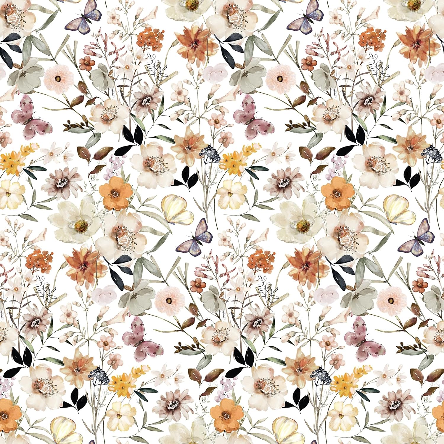 VEELIKE Boho Butterflies Floral Wallpaper Peel and Stick Prepasted Meadow Floral Vintage Wallpaper for Nursery Bathroom 17.7''x354'' Removable Flower Wallpaper Stick and Peel for Walls Girls Bedroom