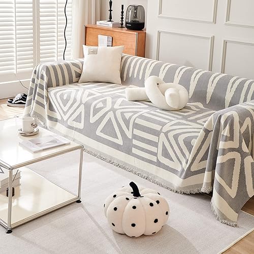 ROOMLIFE Grey Boho Couch Cover for 3 Cushion Couch L Shape Sofa Covers for Secti