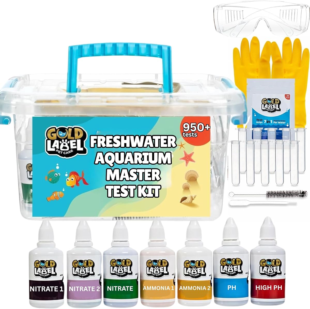 Kit de prueba maestro para acuarios de agua dulce – Más de 950 pruebas de pH, amoníaco, nitrito y nitrato – Pruebas rápidas y precisas de la calidad del agua – Ideal para tanques de peces, acuarios – Kit completo fácil de usar
