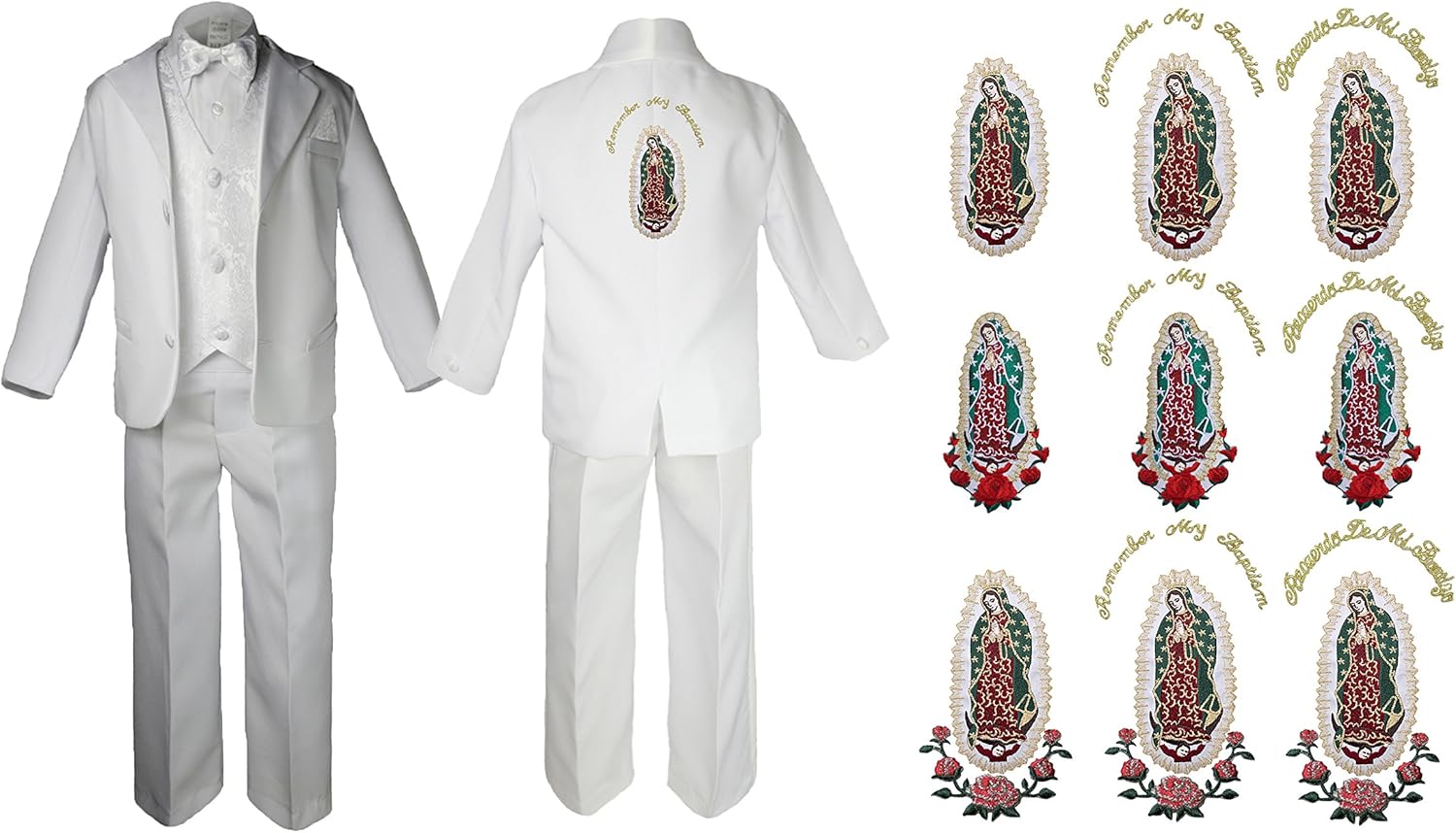 Baby Boy Christening Baptism First Communion Formal White Paisley Suit Gold Guadalupe Maria on Back SM-20