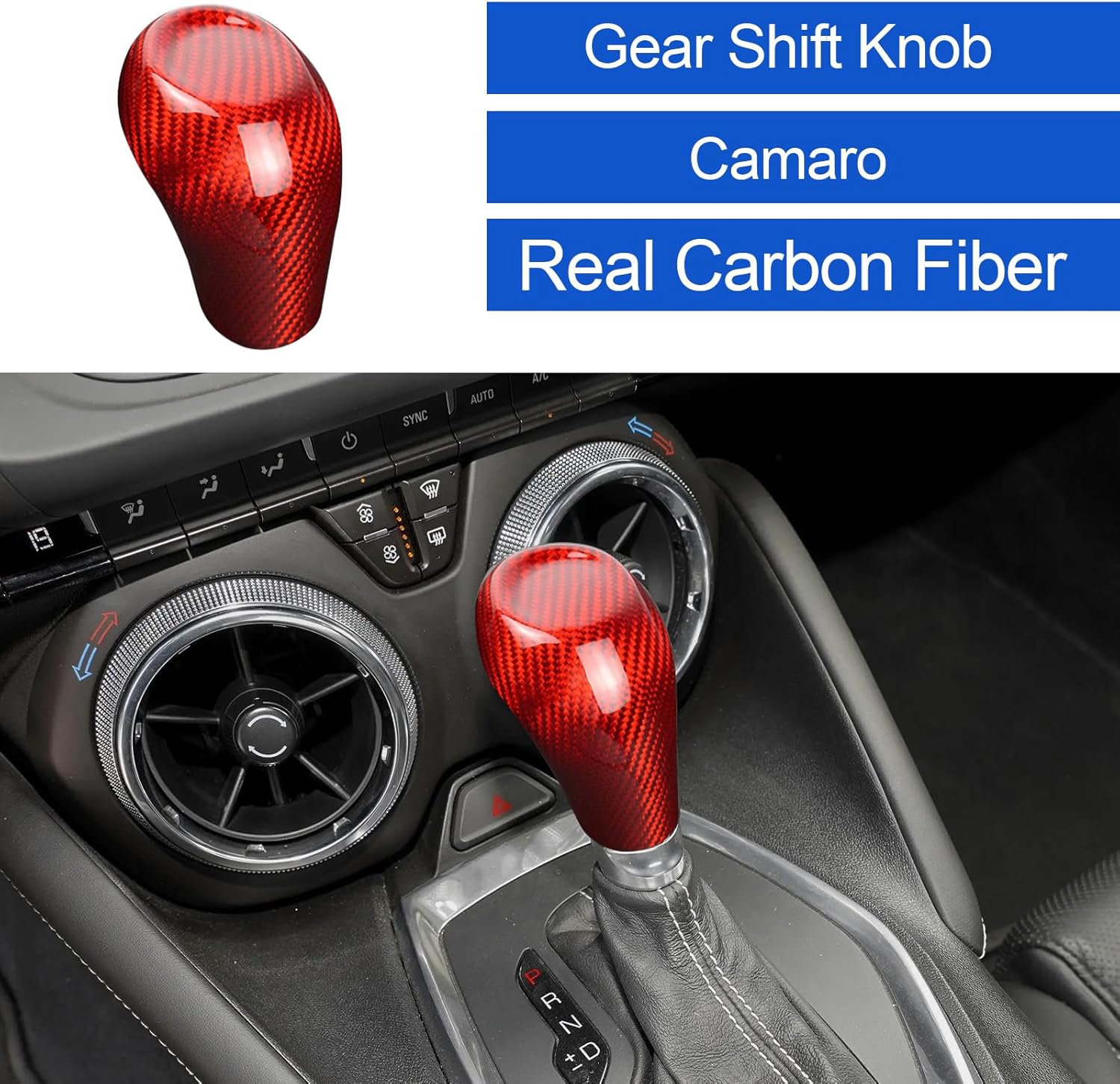 Compatible with Chevrolet/Chevy Gear Shift Knob Cover Trim Real Carbon Fiber for Camaro 2016-2024 Interior Accessories,Red