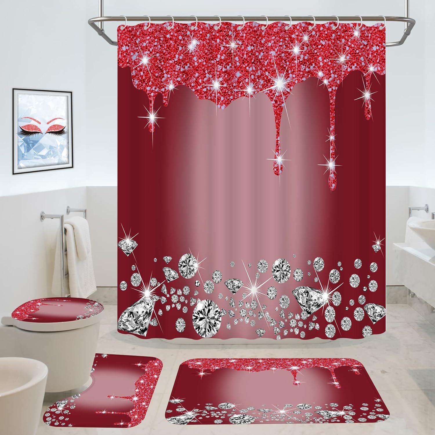 4 Pcs Glitter Diamond Shower Curtain Sets, Rose Red Shiny Drips Bath Decor with Rugs and Toilet Lid Cover, Fuchsia Luxury Texture Colorful Bling Modern Bathroom Curtain with 12 Hooks, 72 x 72 inch
