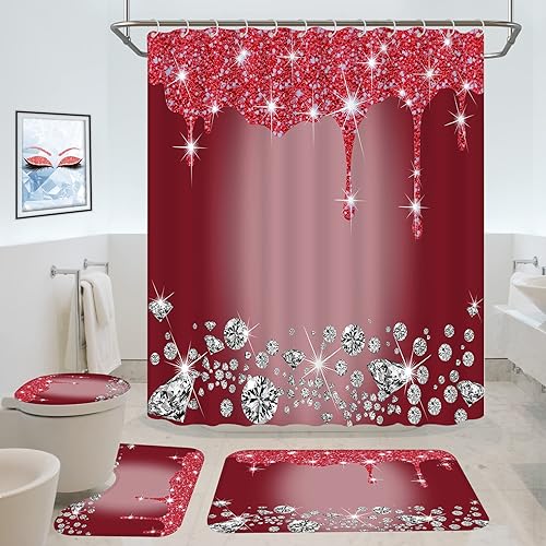 Juego de 4 cortinas de ducha con diamantes con purpurina, decoración de baño brillante burdeos con alfombras y tapa de inodoro, textura de lujo rojo