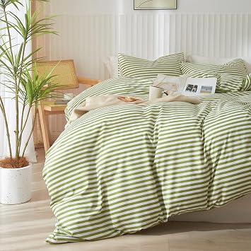 mixinni Striped Comforter Set Queen Size - Green White Stripes Pattern Bed Set for All Season, 3 Pieces Lightweight Bedding Comforter Sets for All Seasons 1 Soft Fluffy Comforter + 2 Pillowcases