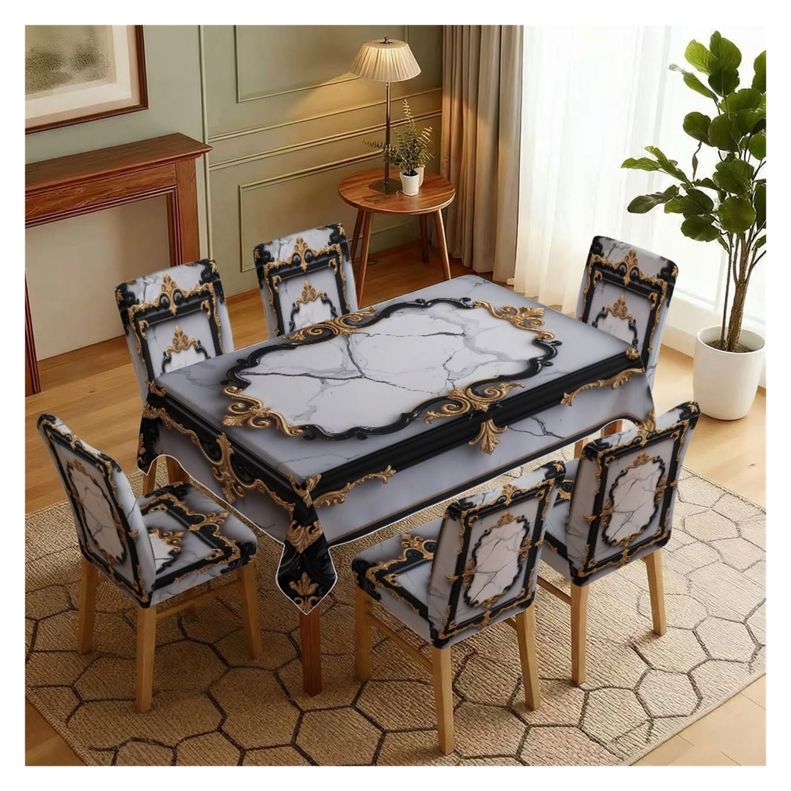 BOSUYBN Stretch Dining Chair Slipcovers And Tablecloth Set, Grey Marble Black Gold Baroque Print, 5/7 Pack For Luxury Vintage Dining Decor Table Setting(7pcs Set: Tablecloth+Chair Covers)