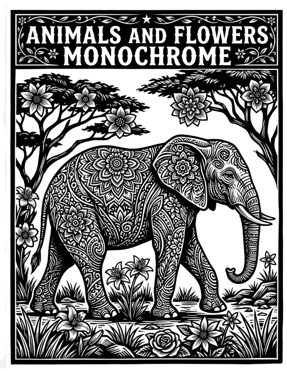 Animals AND Flowers Monochrome Coloring Book: Relaxing African Wildlife and Botanical Mandalas to Color