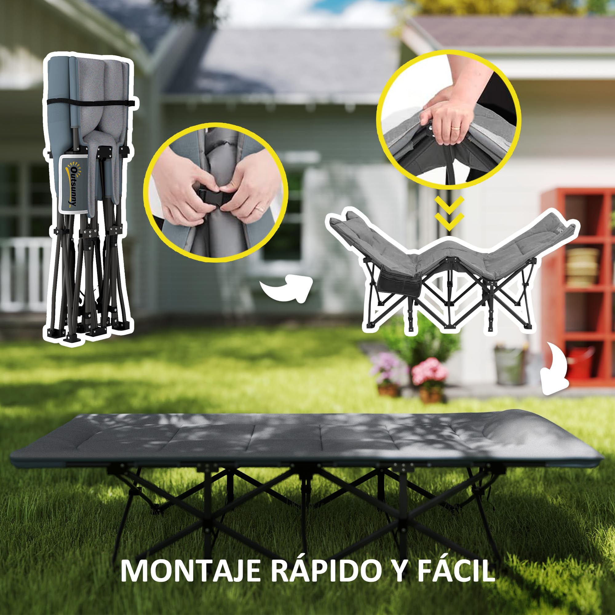 Outsunny Cama Plegable Camping Cama de Acampada Portátil Tumbona de Camping con Reposacabezas y Bolsillo Lateral Carga 150 kg para Playa Senderismo 187x67x37 cm Gris