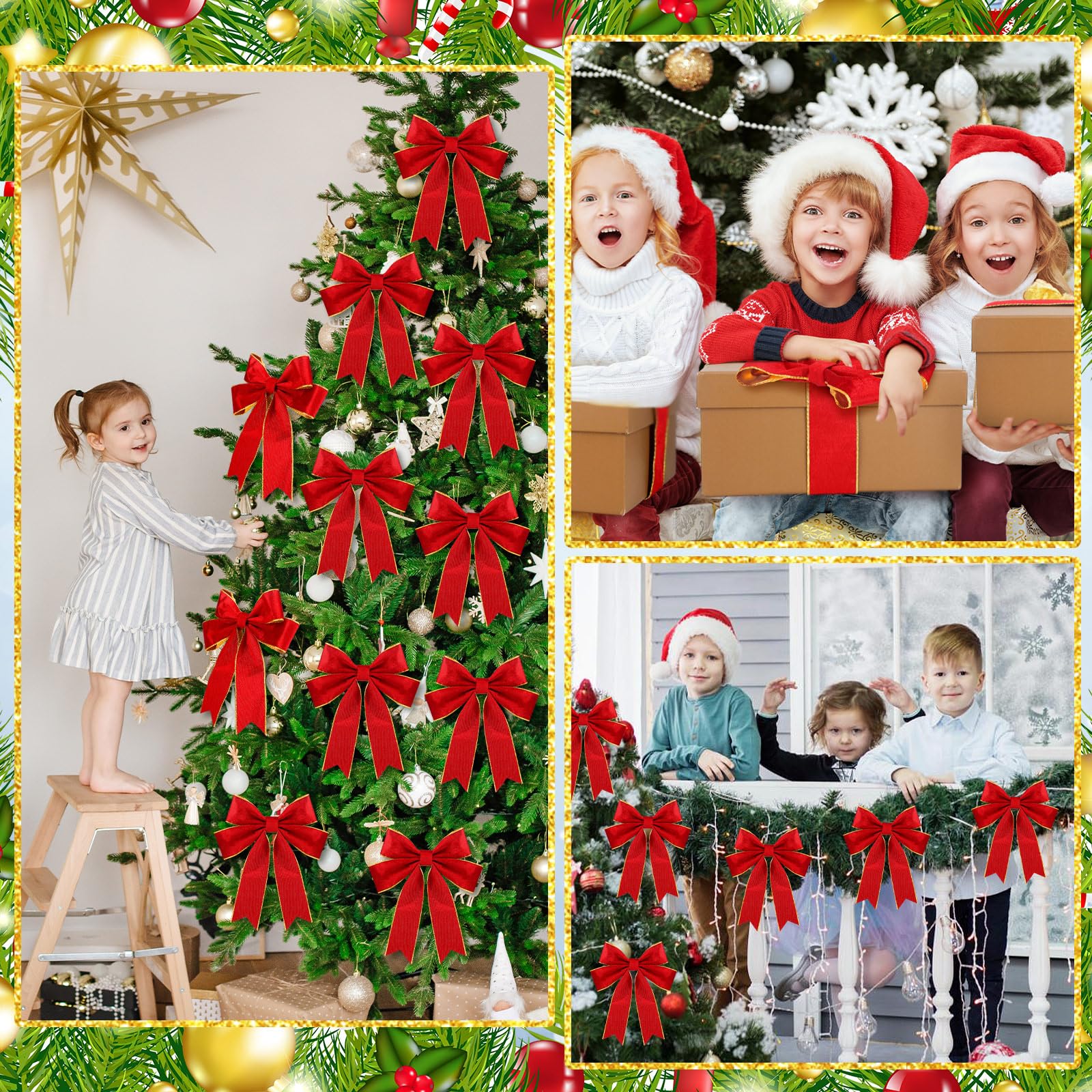 Yinder Weihnachts-Samtband, 6,3 cm, verdrahtet, goldene Kanten, doppelseitiges Band für Weihnachtsschleife, Urlaub, Geschenkverpackungen (91,4 m, Rot, Gold)