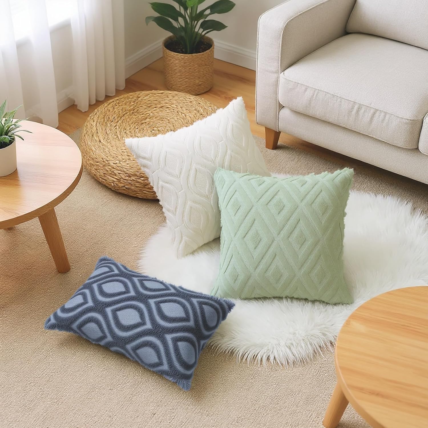uxcell Set of 2 Shaggy Plush Faux Fur Throw Pillow Covers Solid Striped Soft Pillow Covers for Sofa Living Room 18 x 18 Inch Green-1