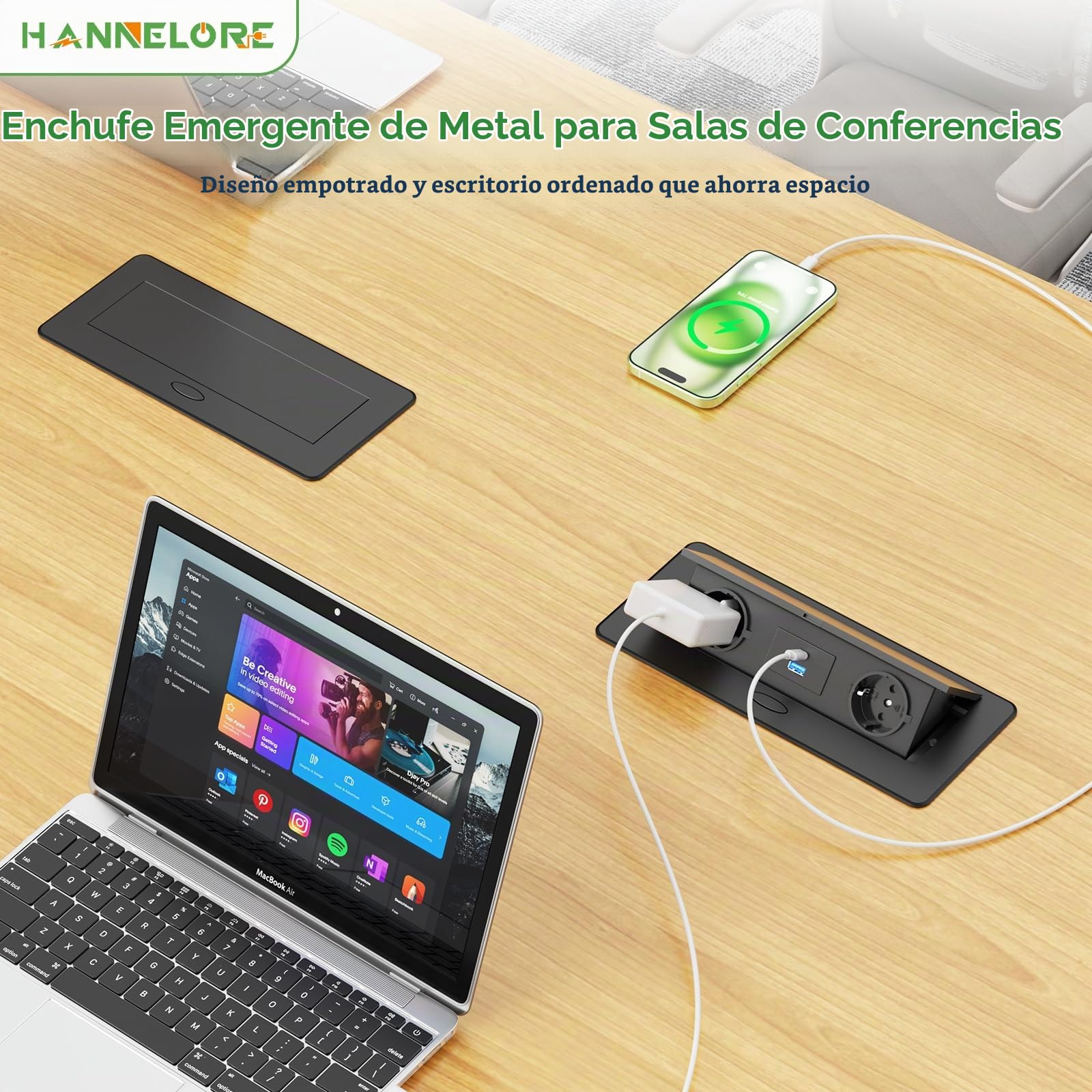 Regleta Enchufes USB C PD 20W, Enchufes Multiples Empotrada Escritorio, Regleta Enchufes Oculto con USB, Regleta Retractil para Familia, Cocina y Oficina, Regleta 1.8 Metros Cable, Negro