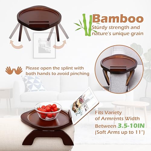 Miniatura 2 de SINWANT Mesa de brazo para sofá, bandeja redonda de bambú con clip para sofá con soporte para teléfono de 360, mesa plegable para reposabrazos de