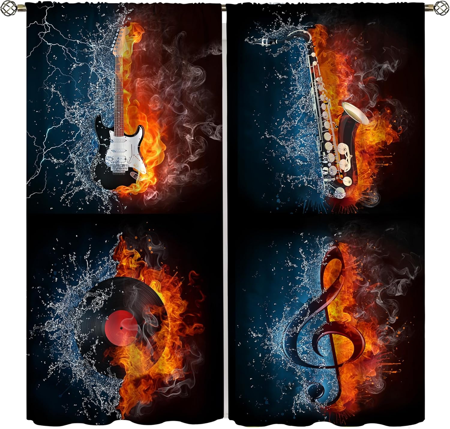 Music Curtains, Fire Water Musical Note Guitar Musical Iinstrument Cool Window Treatments for Bedroom Living Room Nursery Kids Room Blackout Decorative Drapes 2 Panel Sets,55x63 Inch