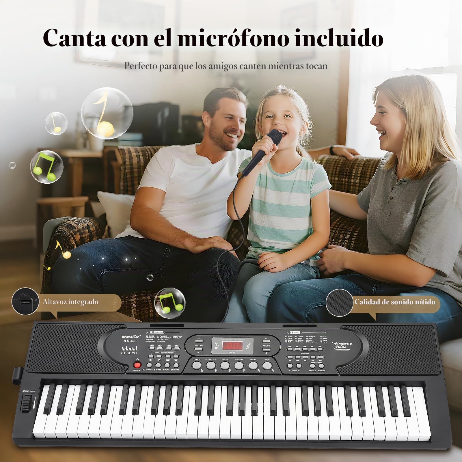 61 Teclado Piano Eléctrico para, el instrumento de piano electrónico portátil para principiantes con micrófono, pegatinas para notas Ligero y portátil, adecuado para viajes o la escuela.