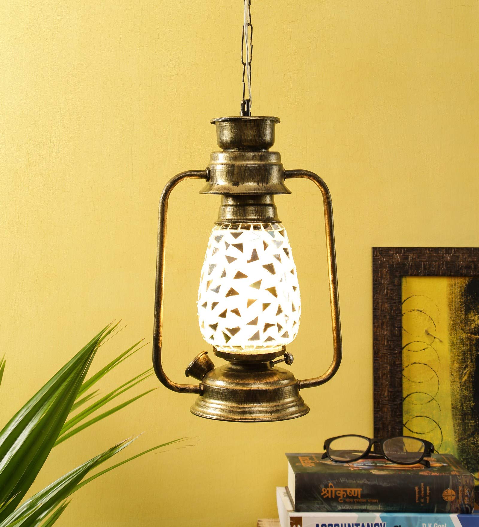 Devansh Golden Mosaic Glass Lantern Hanging (Multicolor)