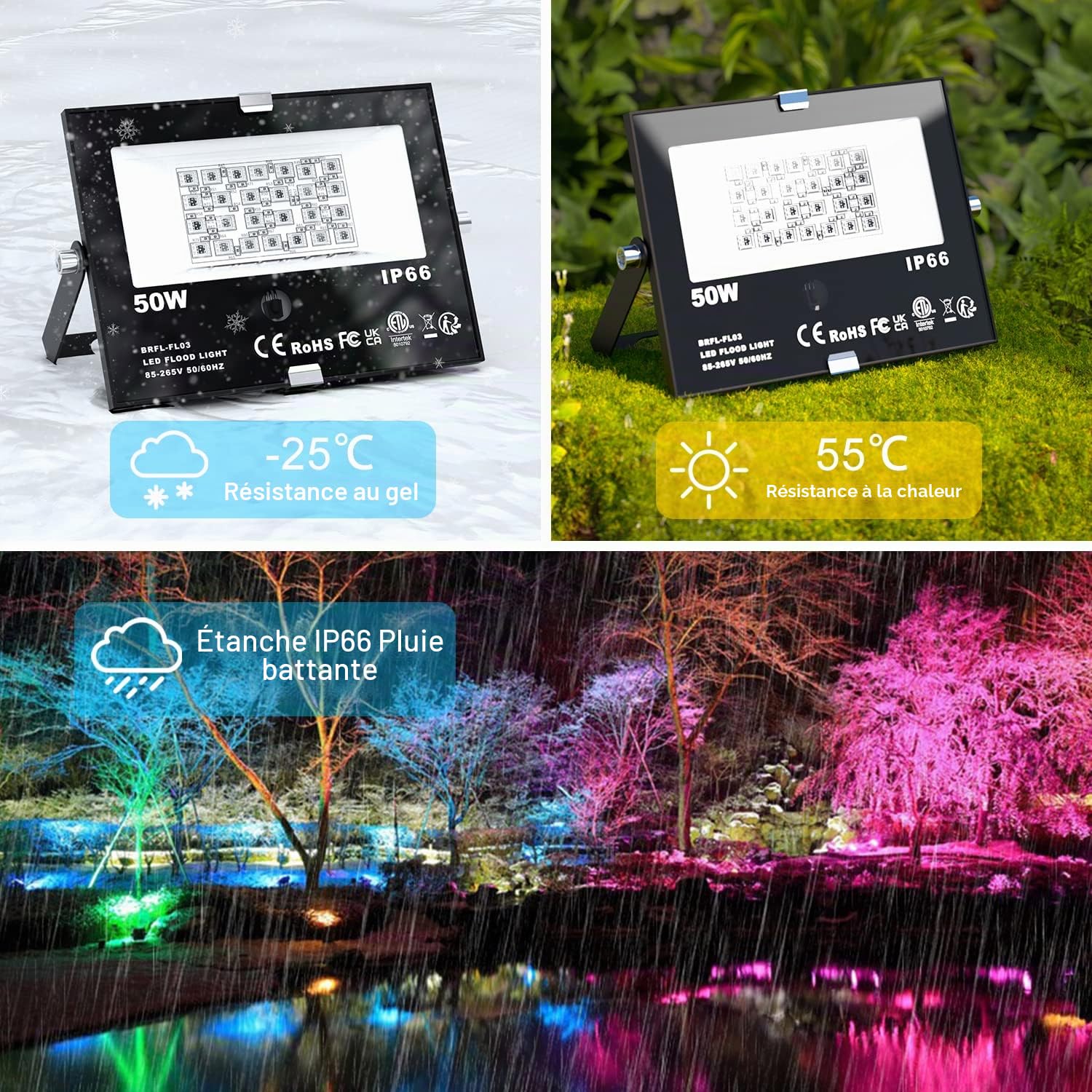 ChangM Projecteur LED RGB 50W, Dimmable Couleur Projecteurs avec Télécommande, Projecteurs Couleur Éclairage de jardin IP66 Etanche Pour Arbre Soirée Bar Fête, Lot de 2