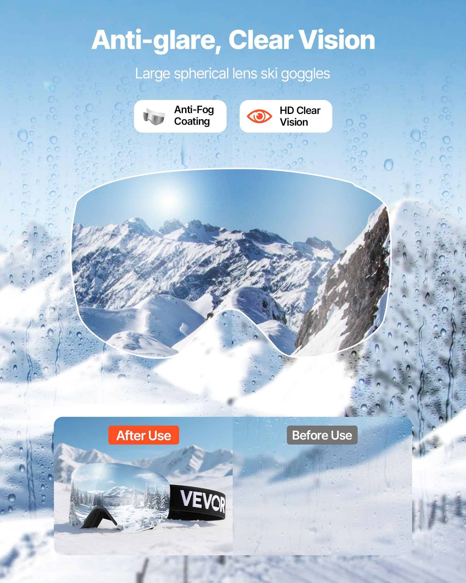 VEVOR Occhiali da Sci Maschera da Sci Revo Rivestimento Argentato, Montatura OTG, 0,28kg, Occhiali da Snowboard, Lenti Cilindriche Magnetiche, Antiappannamento, per Motocross da Neve