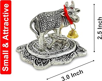 NOBILITY Pooja Items Diwali Gift Antique Silver Small Kamdhenu Cow and Calf with Red Box Metal Statue Decorative Item Showpiece for Home Office Decoration Wedding Return Gifts