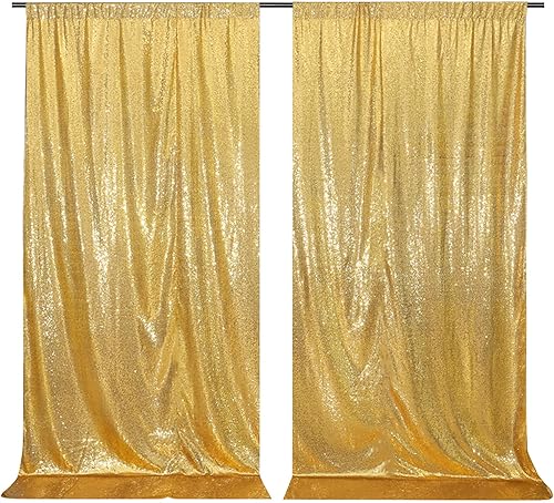 SquarePie Cortina de fondo de lentejuelas color dorado de 2 x 8 pies, 2 piezas de satén con parte trasera brillante para bodas, fiestas
