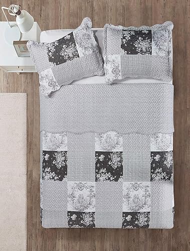 Miniatura 7 de Brilliant Sunshine Grey Toile - Juego de edredón de 3 piezas con 2 fundas de almohada, colcha reversible, colcha suave y ligera, para todas las