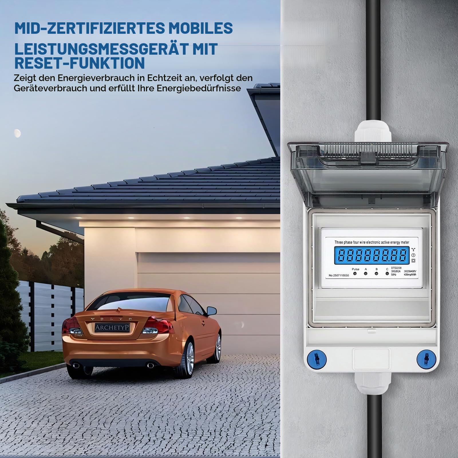 Mobiler Stromzähler, 3 Phasen Mobiler Stromzähler mit CEE Stecker und Kupplung, 32A 400V Mobiler Digitalzähler IP67 Mit Mit Rückstellfunktion, Zwischenzähler für Wohnwagen,Elektrofahrzeuge,Camping
