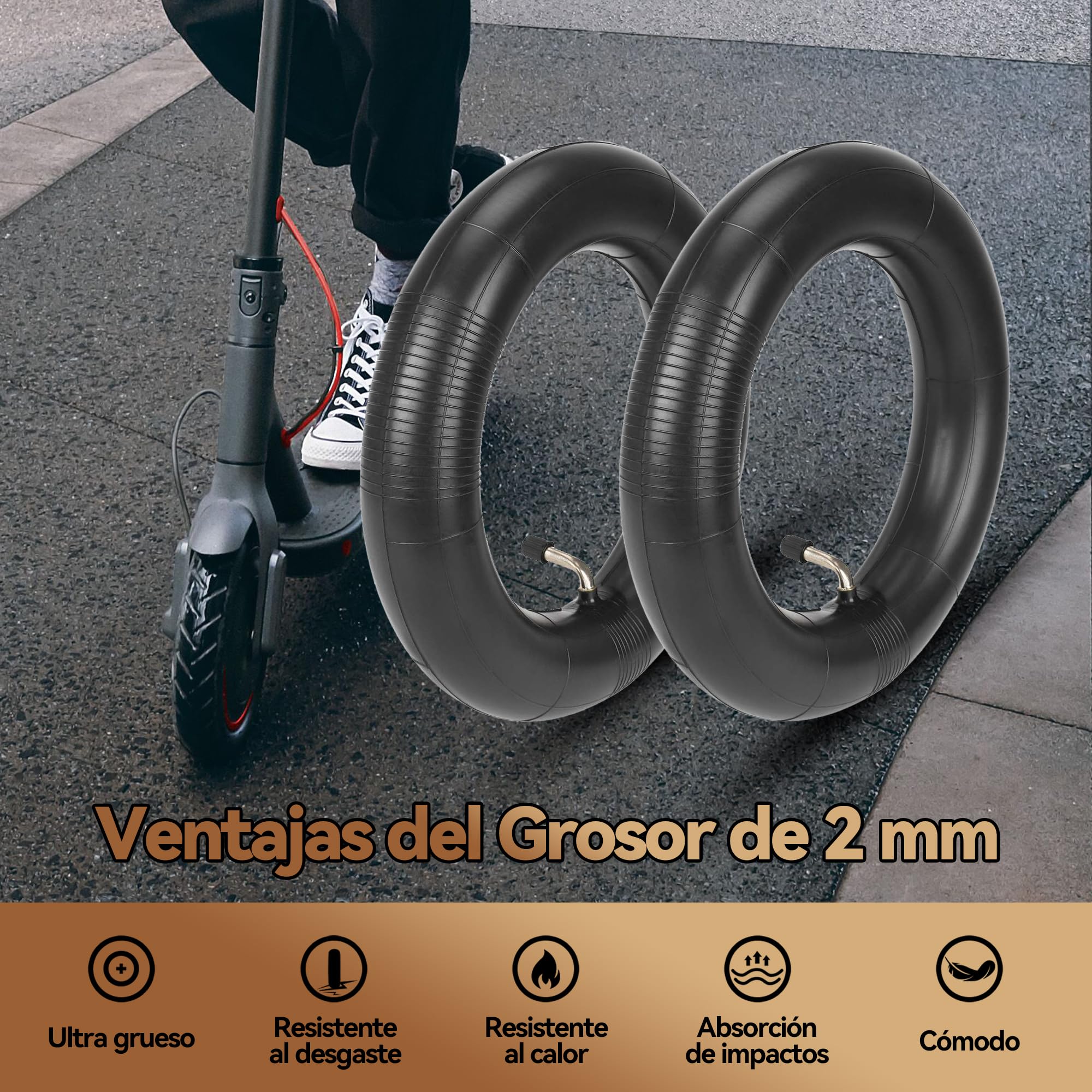 Cámara de Aire Patinete Eléctrico 10 Pulgadas 10x2,50 2MM Engrosada 90° Válvula de Curvatura 60/70-6,5 Neumático Ninebot MAX G30 G30P G30LP