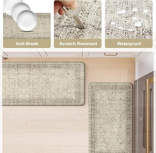 Vista 128 de KIMODE - Juego de 2 tapetes de cocina antifatiga, estilo vintage, antideslizantes, impermeables, ergonómicos, acolchados, cómodos para lavandería