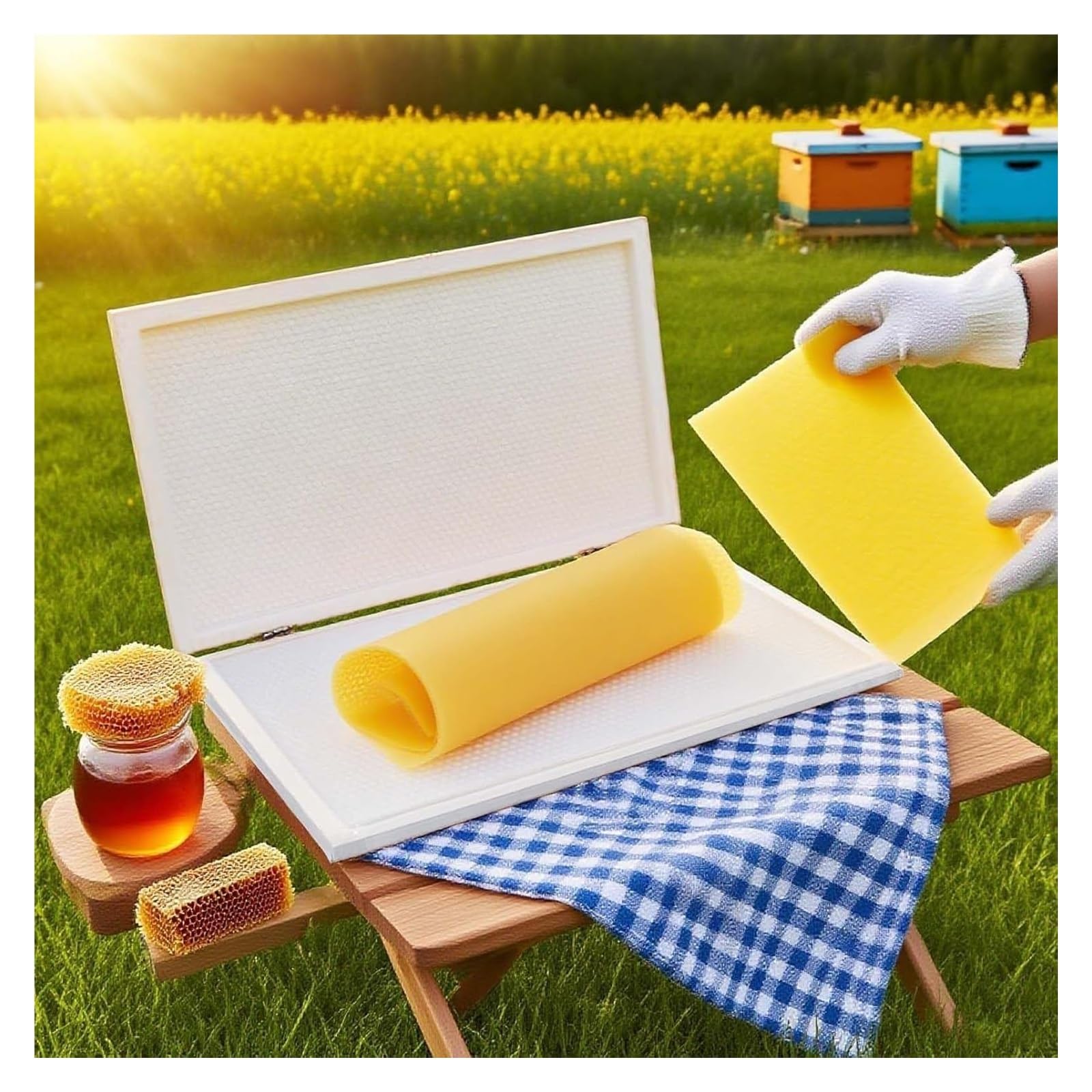 Forma podkładowa z wosku pszczelego, naturalny wosk pszczeli, 220 x 420 mm, 4,9 mm/5,4 mm, narzędzie do prasy do materiałów i sprzętu pszczelarskiego (41,5 x 20, 5,4)