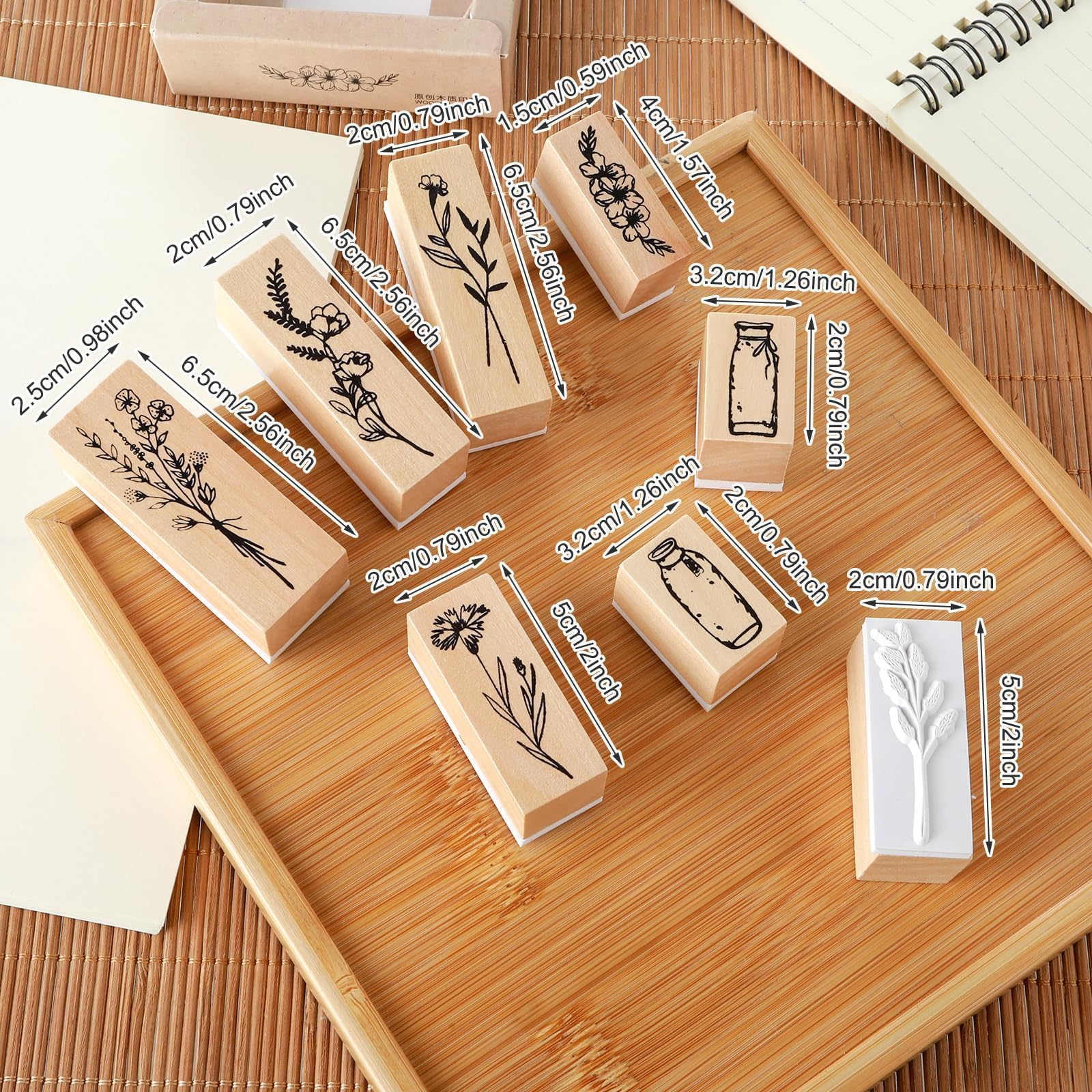 8 Piezas Madera Sellos,Goma Juego Sellos Flores Árboles Retro Personalizado Sellos Patrones Botánicos Sellos Entintado Manualidades,para Álbumes Recortes Diseño Tarjetas Pequeñas