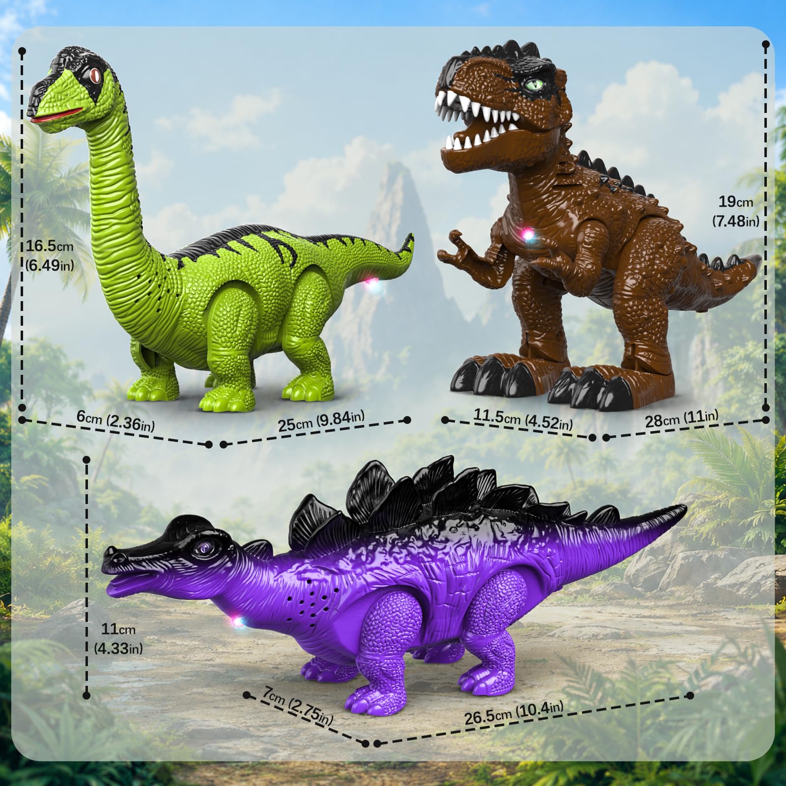 3 Pezzi Giocattoli Dinosauri per Bambini 3-7 Anni, Robot Elettrico Camminante con Suoni e Luci LED, Set T-Rex Brachiosauro Stegosauro, Regalo di Compleanno Bambino Bambina