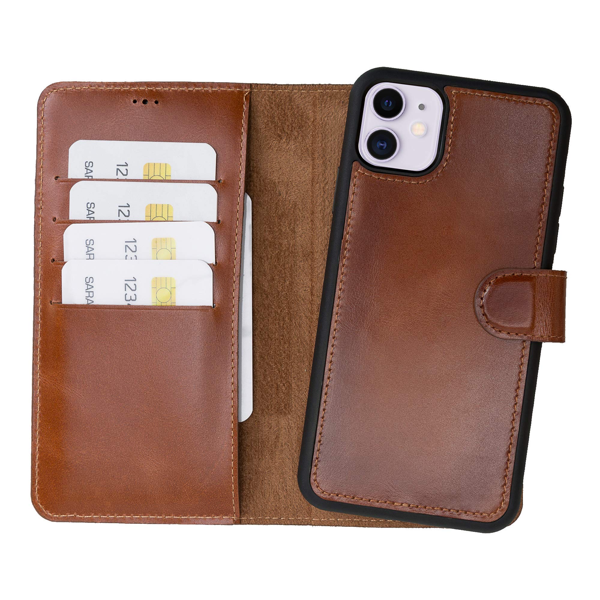 iPhone 11 6.1" Wallet, Personalized Best Phone Case For iPhone 11, Magnetic Detachable Full Grain Leather iPhone 11 Cover, Supports Wireless Charge, Laser Engrave