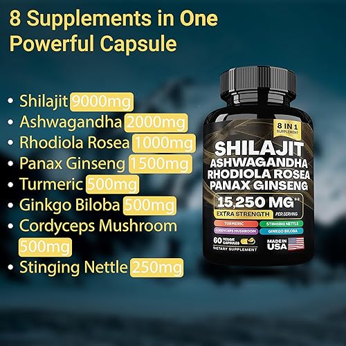 Miniatura 4 de Shilajit 9000 mg, Ashwagandha 2000 mg, Rhodiola Rosea 1000 mg, Panax Ginseng 1500 mg, Cordyceps Hongo 500 mg, Ginkgo Biloba 500 MG, Ortiga escozante