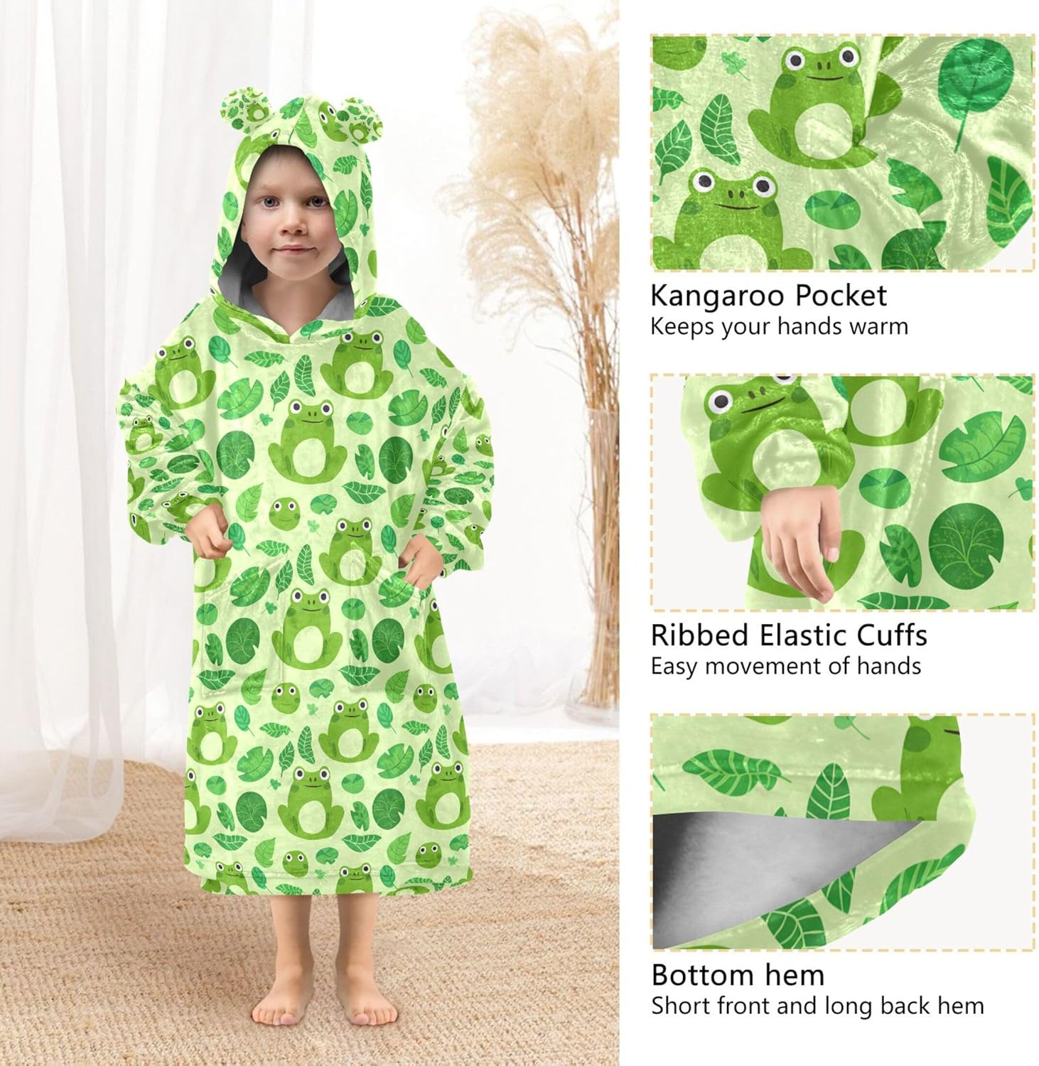 Cute Frog Kids Wearable Blanket Hoodie with Pocket and Sleeves for Toddlers, Cute Hoodies Girls Boys B0404129