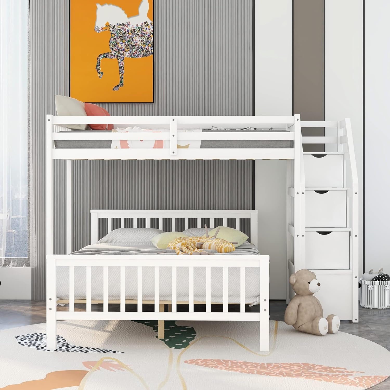 Bellemave Twin Over Full Bunk Bed, Wooden Twin Over Full Bunk Bed Frame with Storage and Stairs, Can be Divided into 2 Beds for Kids, Teens, Adults, Space-Saving Design, White