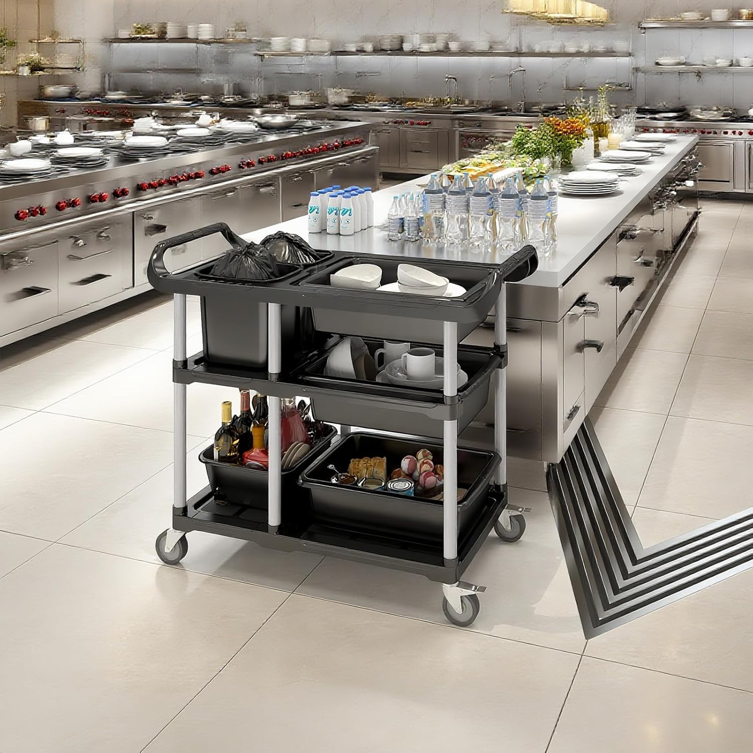 3 Tier Rolling Restaurant Service Cart, Heavy Duty Multi-Function Utility Cart, with 4 Basin 2 Barrels, Commercial Food Cart, Suitable for Restaurant, Hotel, Kitchen.