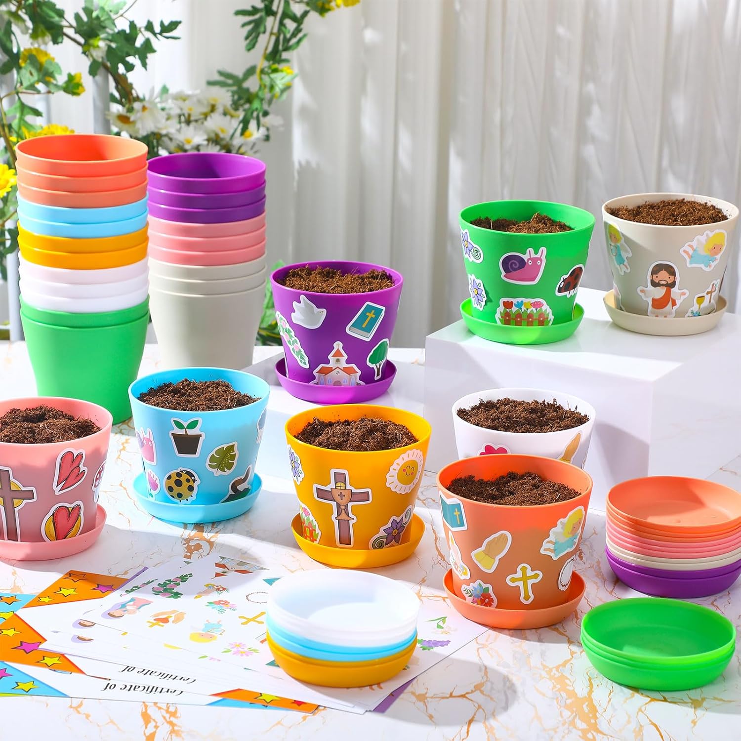 Domensi 30 Set Mothers Day Crafts for Kids Classroom Flower Pot Craft Bulk 4 Inch Spring Garden Plastic DIY Plant Pot with Tray 30 Sheet Christian Sticker 30 Certificates Card for School(Colorful)
