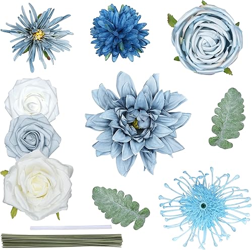 Miniatura 5 de AUSOGO Flores artificiales azules mezcla de seda flores falsas con tallo para bricolaje ramos de arco de boda baby shower centros de mesa fiesta
