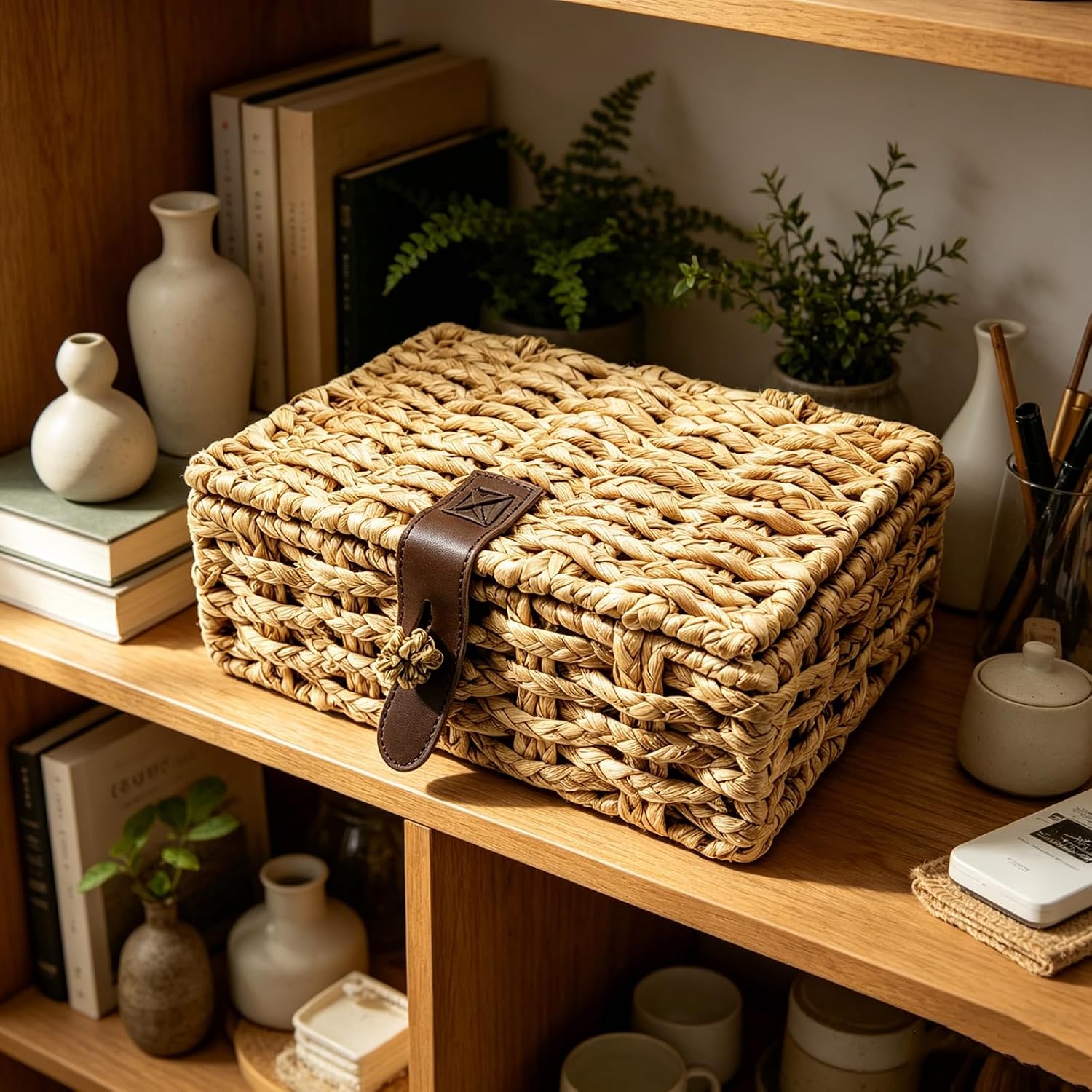 Decorative Storage Boxes with Lids,Wicker Basket with lid for Shelves Organizer & Home Decor, Keepsake Box for Trinkets, Jewelry, Card, Photo, 11.2x7.9x4.13 IN -WB008- Large