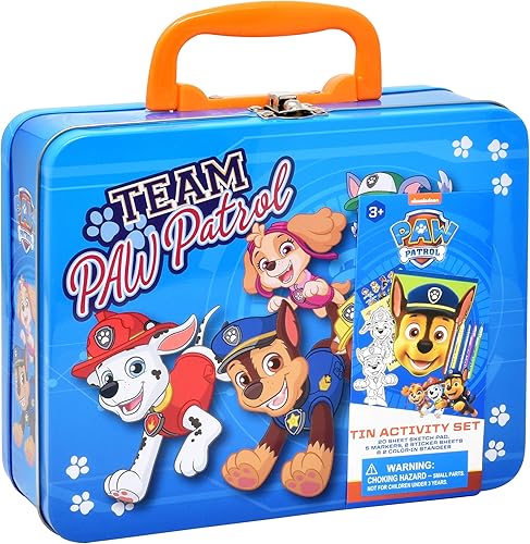Paw Patrol Caja de lata para colorear y actividades, incluye marcadores, calcomanías, kit de color para manualidades sin desorden en caja de lata,