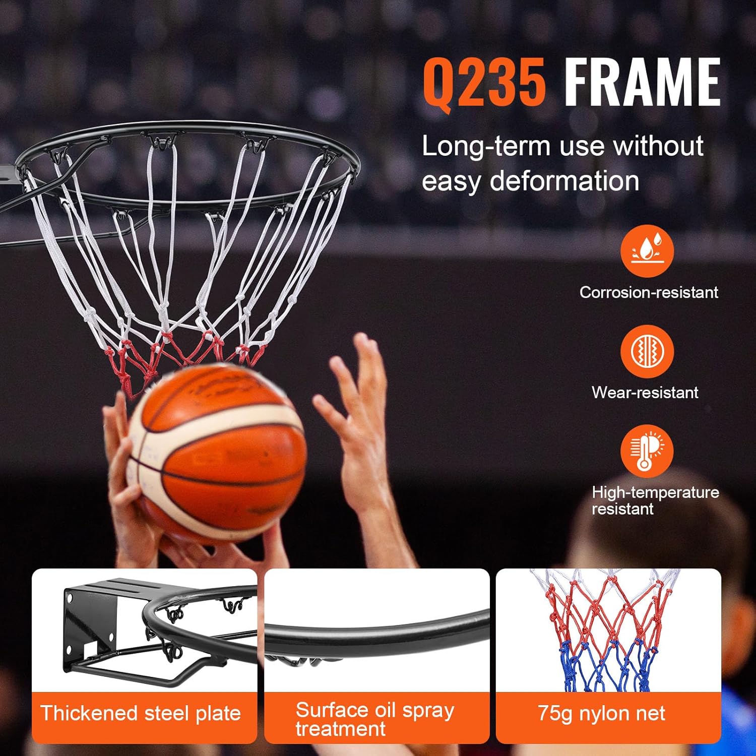 Happybuy Wall-Mounted Basketball Rim, Heavy-Duty 18" Flex Hoop Replacement with Net for Indoor/Outdoor Use, Ideal for Kids and Adults