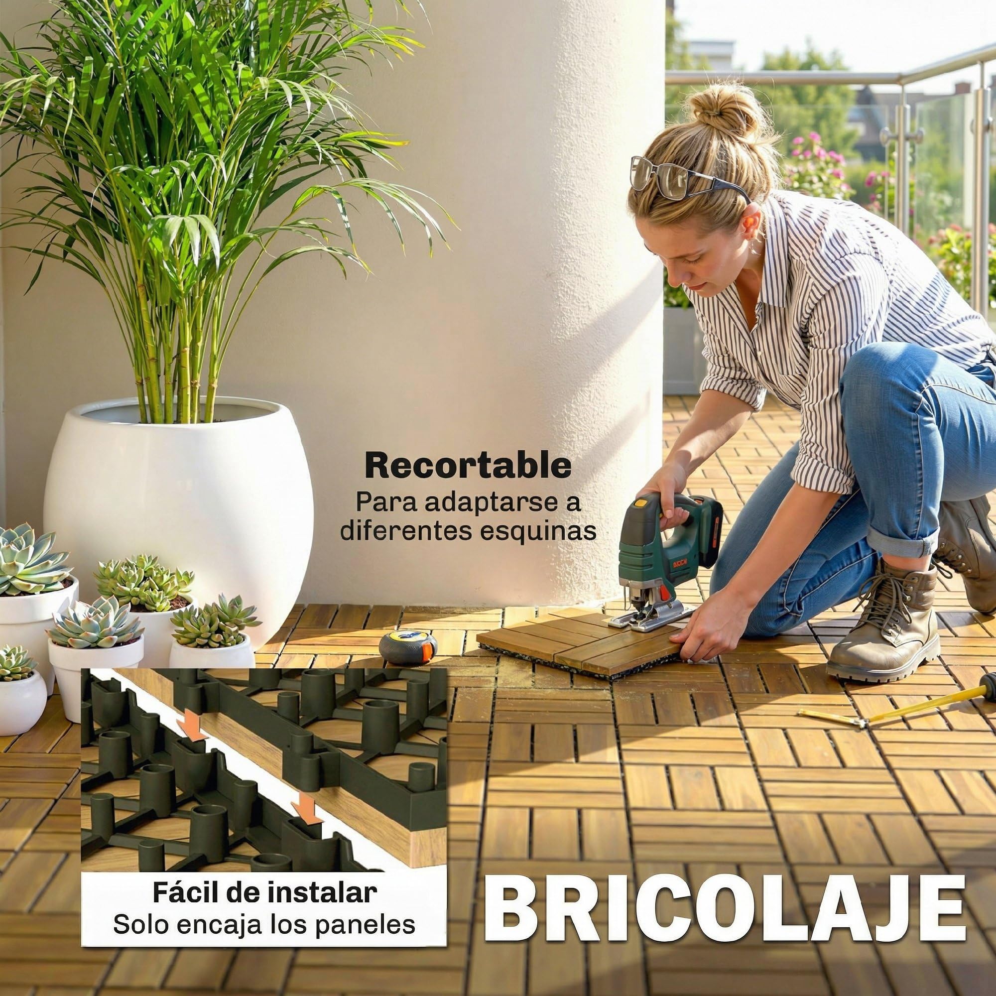 Outsunny Set de 10 Piezas Baldosas de Exterior de Madera de Acacia, 31x31 cm, 0,91 m², Suelo de Terraza Exterior, Antideslizantes y Resistentes al Clima, Fácil Instalación, para Terraza, Natural — view 5
