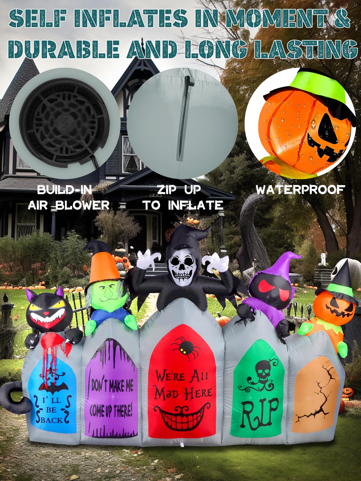 Kalolary 8FT Long Halloween Inflatable Decoration,Blow Up Yard Decoration with Pumpkin Ghost Witch Grim Reaper Black Cat Black Bat Tombstone Build-in Light Decor for Garden Lawn Indoor Outdoor