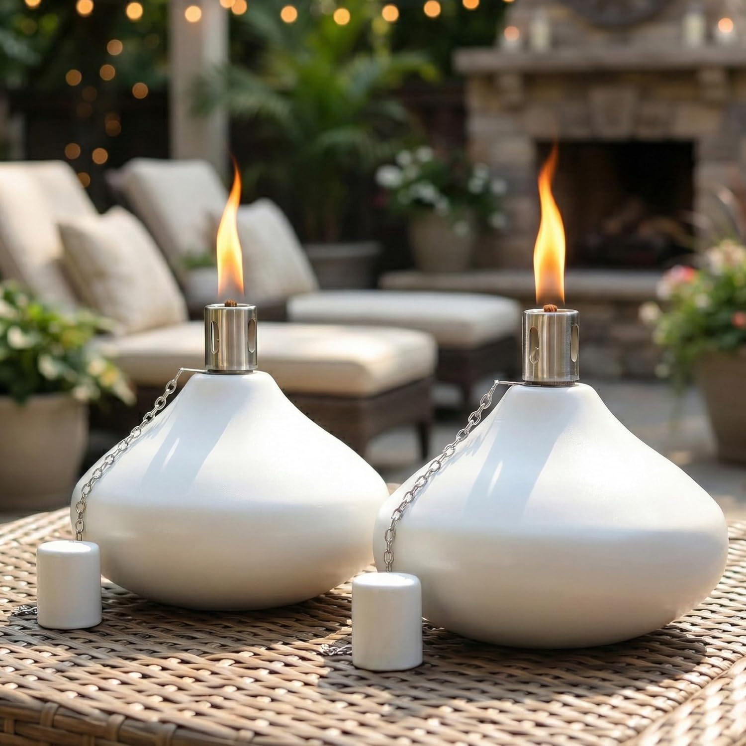 Seraphic 30oz Citronella Torch Candles for Outdoor Patio & Deck – Large Tabletop Stainless Steel Metal Burner Torches for Outside, White (Set of 2)