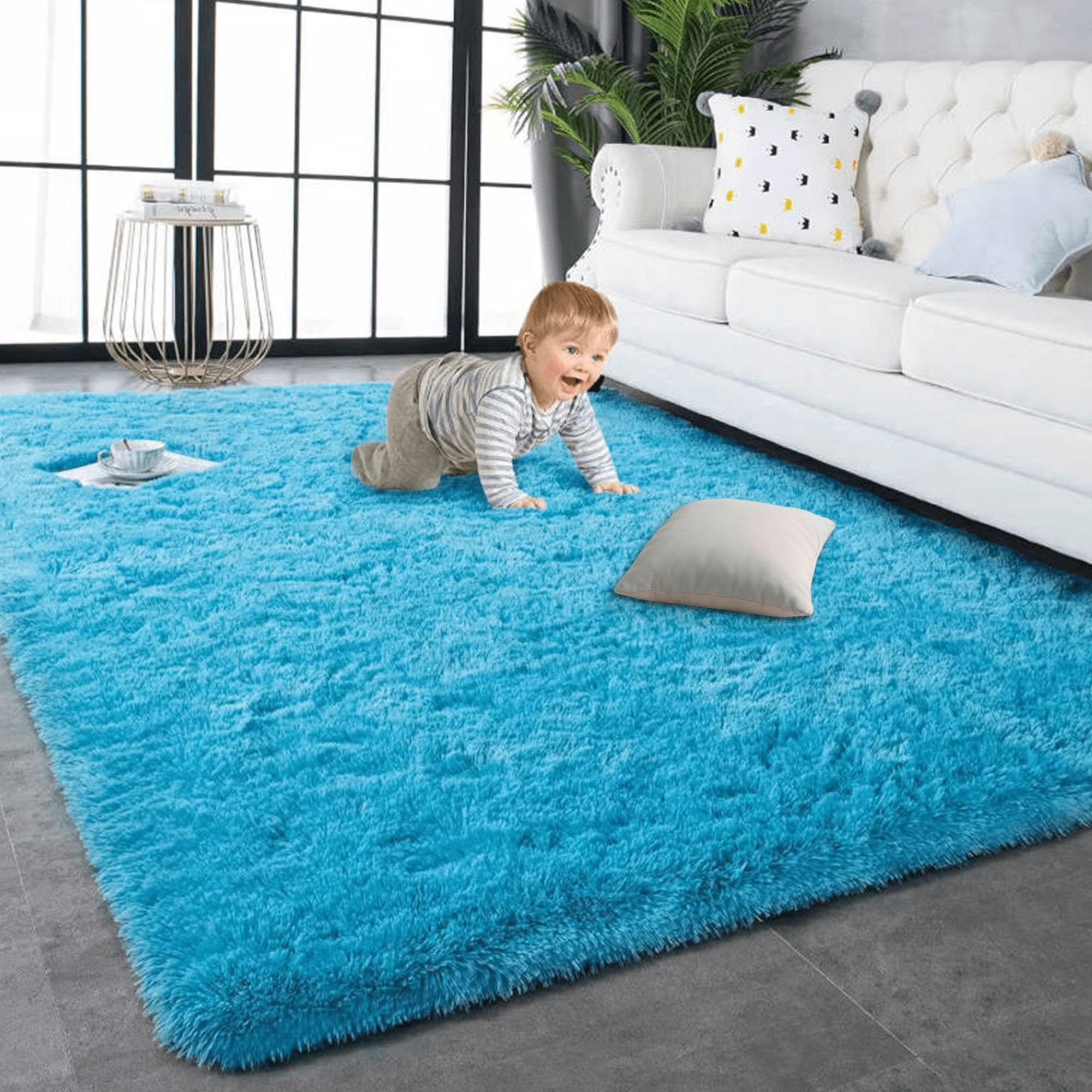 Tapis de salon bleu 150x450 cm antidérapant pour chambre et grande pièce