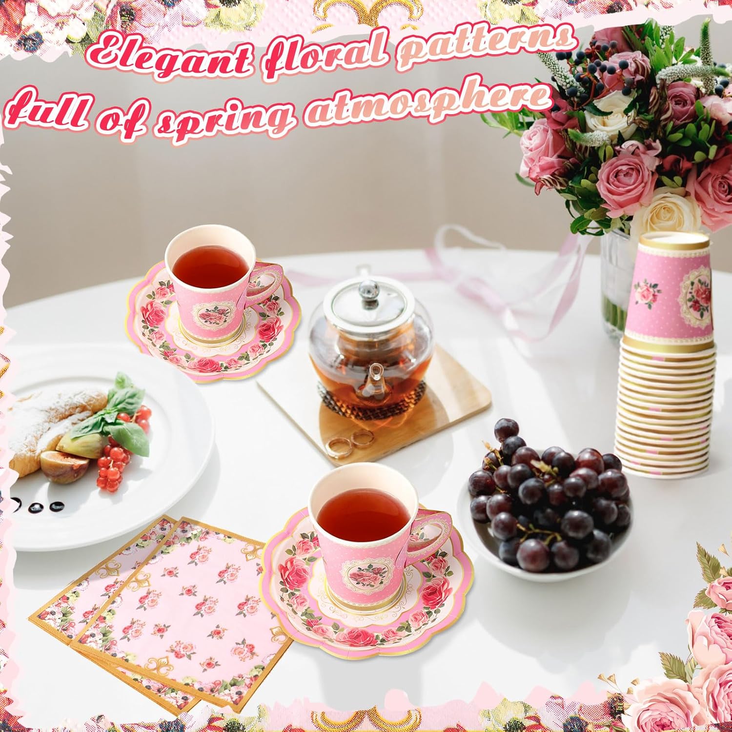 Vesici 150 Pcs Floral Tea Party Decorations for Table 9 oz Disposable Paper Tea Cups with Handles Plates, Saucers and Napkins Set for Spring Party Girl Birthday Wedding Mothers Day(Vivid Style)
